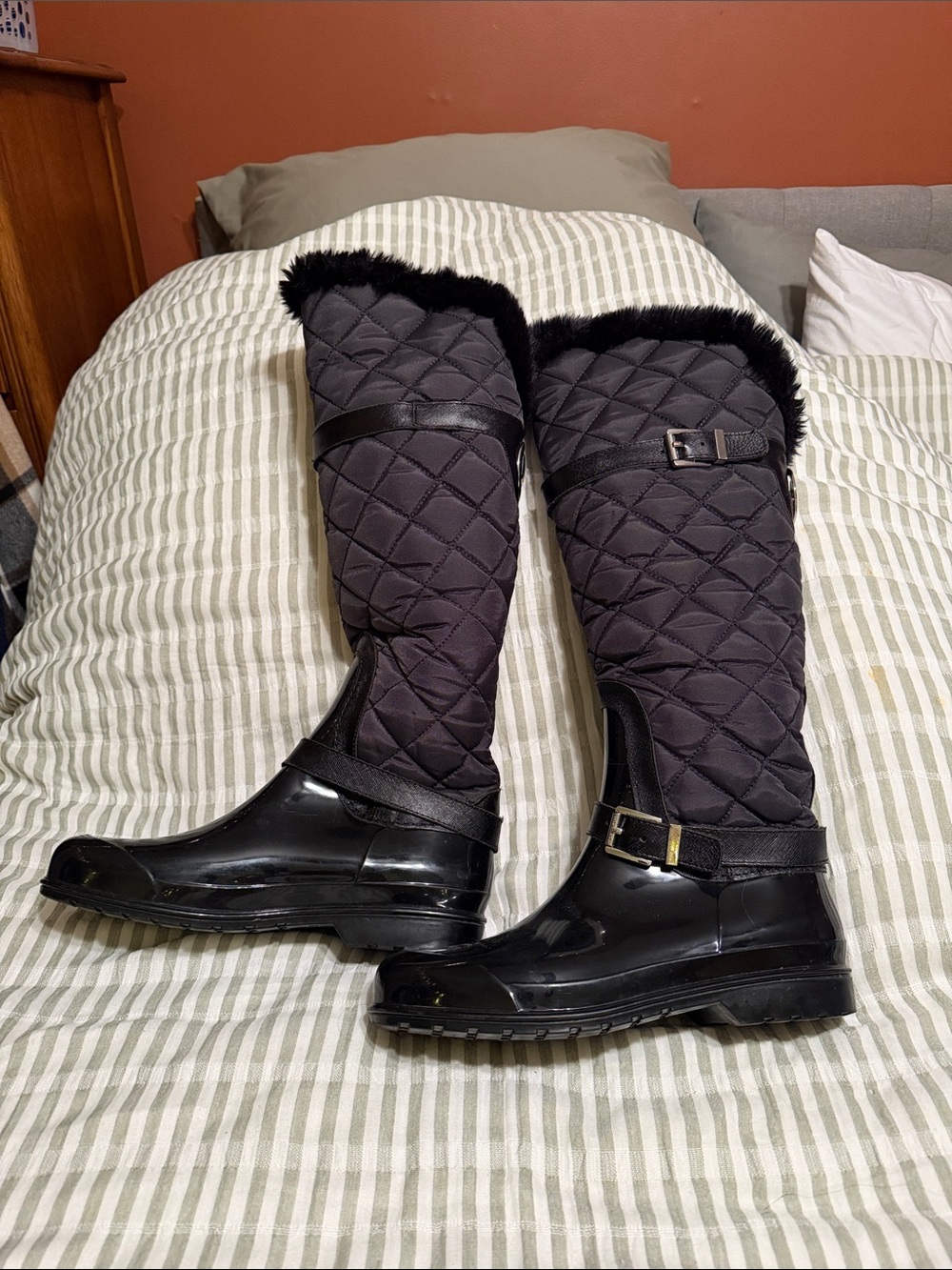Michael Kors Black Quilted Tall Rain Boots with Faux Fur Cuff